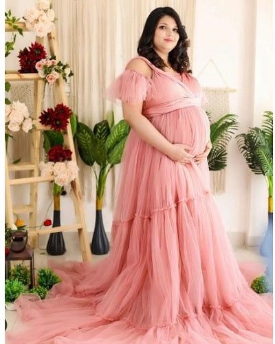 G58, Peach Ruffled Maternity Shoot  Gown, Size (XS-30 to 3XL-48)