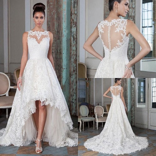 W640, White Short Front Long Back Trail Ball Gown, Size(All) pp