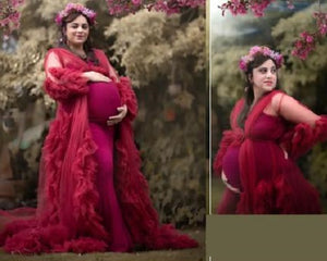 G448, Wine Ruffled Maternity Shoot  Gown, Size (All)