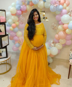 G745, Mustard Maternity Shoot Baby Shower Trail  Lycra Fit Gown, Size(All)