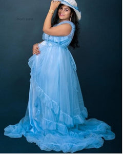 G966, Blue Ruffled Maternity Shoot  Gown, Size (All)pp