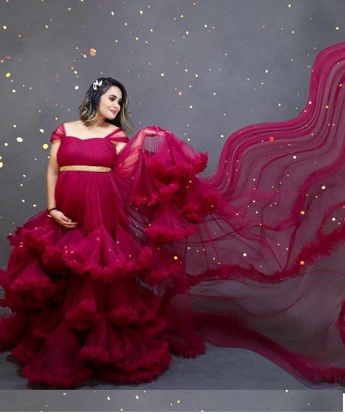 G6482 (2), Dark Magenta Puffy Prewedding Shoot Trail Gown Size, (SIZE ALL)