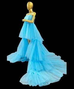G140, Luxury Sky Blue Ruffle Long Trail Maternity Shoot Gown,  Size - (All)
