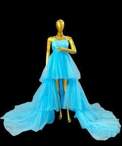 G140, Luxury Sky Blue Ruffle Long Trail Ball Gown,  Size - (All)