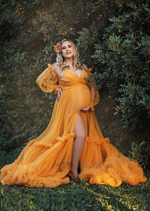 G842, Mustard Yellow Ruffled Shoot Trail Gown, Size (All)pp