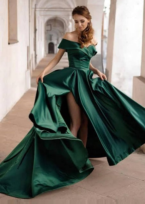 G900(2), Castelon Green Satin Slit cut Pre Wedding Shoot Long Trail Gown, Size (All)