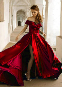 G901,(2)  Wine Satin Slit Cut Pre Wedding Shoot Long Trail Gown, Size (All)