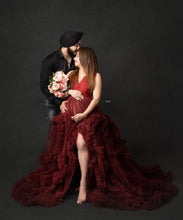 Load image into Gallery viewer, G433, Dark Wine Ruffled  Maternity Shoot Trail Gown With Inner, Size (All Sizes)