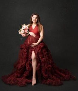 G433, Dark Wine Ruffled  Maternity Shoot Trail Gown With Inner, Size (All Sizes)