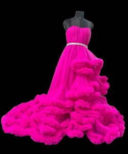 G323, Hot Pink Puffy Cloud Maternity Shoot Trail Gown, (All Sizes)