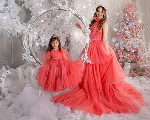 Mother-daughter long trail sequin studded tulle gown dress