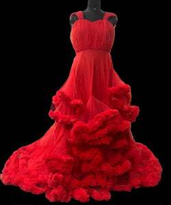 G768 (2), Red Tube Ruffled Pre-wedding Trail Gown Size, (All)