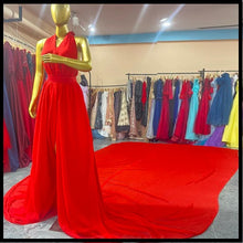 Load image into Gallery viewer, G385, Red Slit Cut  Prewedding Long Trail Georgette Gown, Size (All)