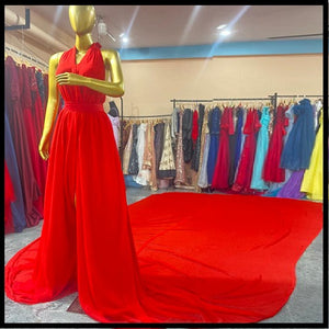 G385, Red Slit Cut  Prewedding Long Trail Georgette Gown, Size (All)