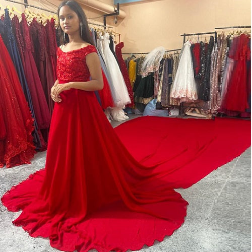 G600(5), Red Long Trail Prewedding Shoot Gown, Size(All)