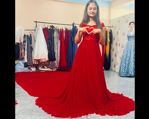 G600(7), Red Long Trail Prewedding Shoot Gown, Size(All)