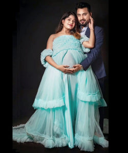 G325, Ice Blue Ruffled Maternity Shoot  Gown, Size (ALL)