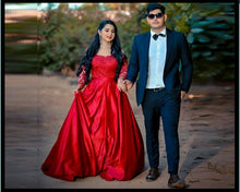 Load image into Gallery viewer, G133, Wine colour Satin Full Sleeves Trail Ball gown, Size (XS-30 to M-35)