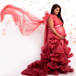 G878 (4), Peach Ruffled Maternity Shoot Gown With Inner, Size (All)