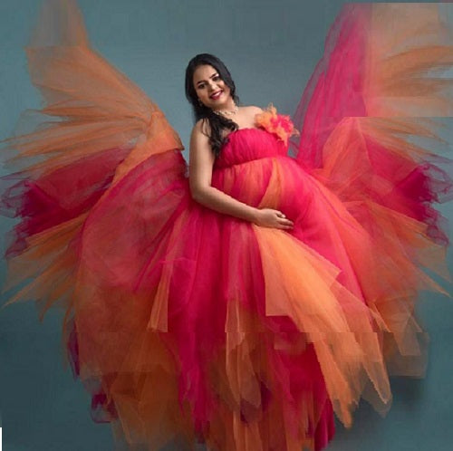 G2004 , Magenta and Mustard Twin Colour  Slit Cut Maternity Shoot Gown, Size (All) pp