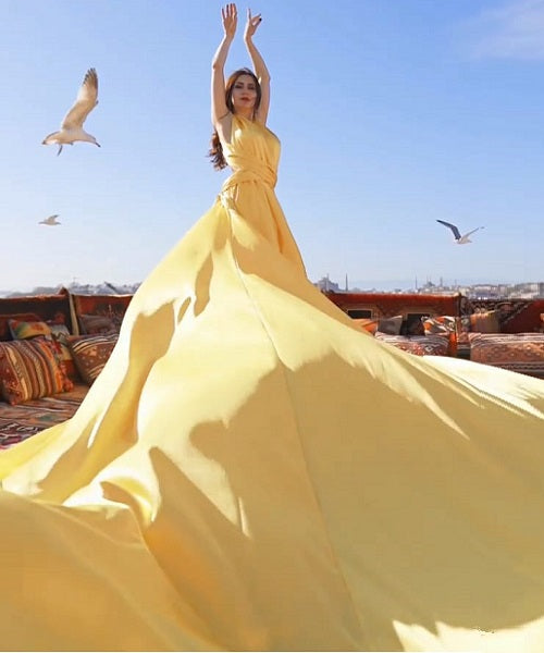 G585 , Yellow  Slit Cut  Prewedding Long Trail Georgette Gown, Size (All)pp