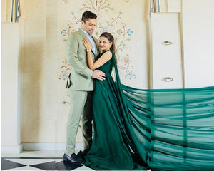 G875 (4) , Bottle Green One Shoulder Prewedding Long Trail Gown (All Sizes)