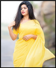 Load image into Gallery viewer, L507, Yellow Georgette Prewedding Shoot Long Trail  Saree, Size (XS-30 to L-38)