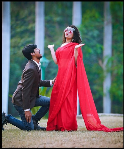 L508, Red Georgette Prewedding Shoot Long Trail  Saree, Size (All)