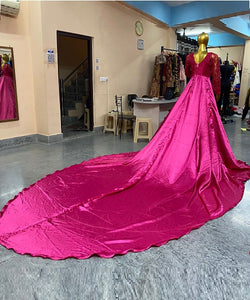 G252 , Rani Pink Prewedding Long Trail Gown (All Sizes)pp
