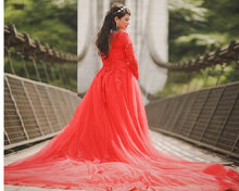Load image into Gallery viewer, G216 (3) ,Red Full Sleeves Prewedding Long Trail Gown Size, (XS-30 to XL-40)