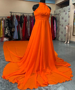 G685 , Halter Neck Orange slit cut long trail shoot gown, (All Sizes)