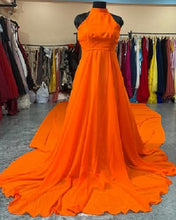 Load image into Gallery viewer, G685 , Halter Neck Orange slit cut long trail shoot gown, (All Sizes)