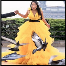 Load image into Gallery viewer, G640(2), Luxury Yellow Ruffle Long Trail Ball Gown,  Size - (All)
