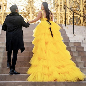 G640(2), Luxury Yellow Ruffle Long Trail Ball Gown,  Size - (All)