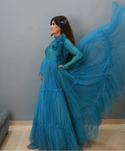Load image into Gallery viewer, G432, Cyan Blue Frill Maternity Trail Baby Shower Gown, Size (All)