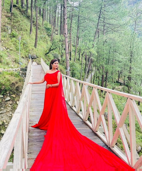 G575(3) , Red One Shoulder Prewedding Shoot Long Trail Gown, (All Sizes)
