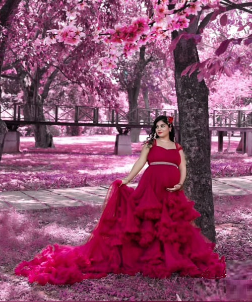 G6483 , Dark Magenta Puffy Maternity Long  Shoot Trail Gown Size, (SIZE ALL)