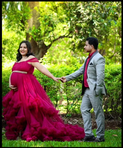 G6483 , Dark Magenta Puffy Maternity Long  Shoot Trail Gown Size, (SIZE ALL)