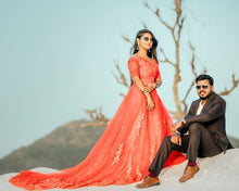 Load image into Gallery viewer, G129 (3), Red Offshoulder half sleeves Infinity Prewedding Shoot Trail Ball Gown, Size (XS-30 to L-38)