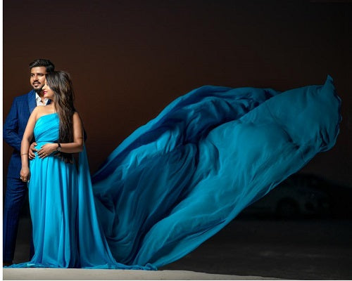 G175, Ocean Blue One Shoulder Prewedding Long Trail Gown, Size (All)pp