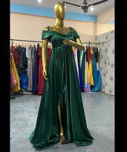 Load image into Gallery viewer, G900(2), Castelon Green Satin Slit cut Pre Wedding Shoot Long Trail Gown, Size (All)