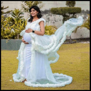 W558, White Ruffled Maternity Shoot  Baby Shower Trail Gown Size With Inner, (All)pp