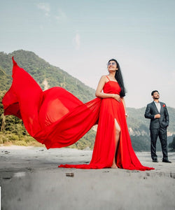 G59(2) , Red Tube Slit Cut Prewedding Long Trail Gown, Size(All)