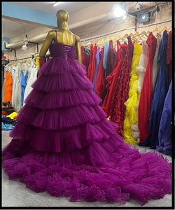 G755(3), Purple Ruffle Long Trail Ball Gown,  Size - (All)