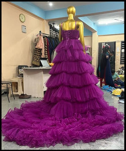 G755(2), Purple Ruffle Long Trail Ball Gown,  Size - (All)