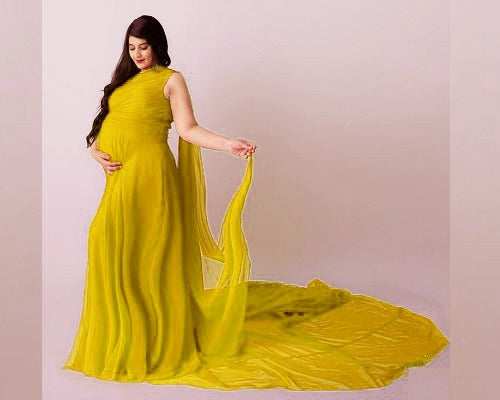 G75 , Yellow One Shoulder  Maternity  Shoot Long Trail Gown, (All Sizes)