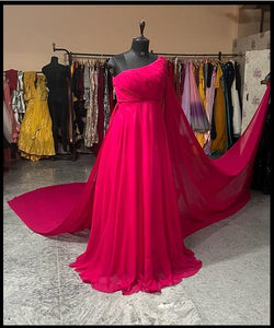 G775 (2), Hot Pink One Shoulder Prewedding Shoot Long Trail Gown, Size (All)