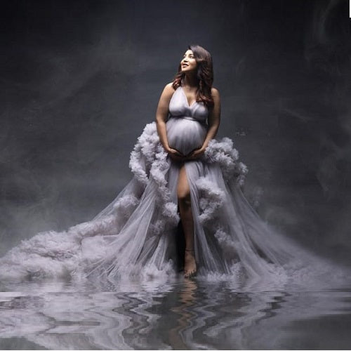 G2031, Grey Ruffled  Shoot Trail Gown With Inner, (All Size)