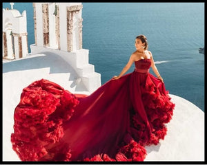 G2032 ,  Wine Red Tube Top  Ruffled Pre Wedding Shoot Trail Gown Size, (All)