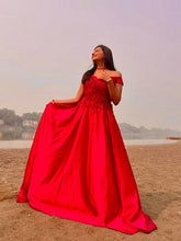 Load image into Gallery viewer, G130 (10+2) Wine Satin Off Shoulder trail Ball gown, Size (XS-30 to XL-40)